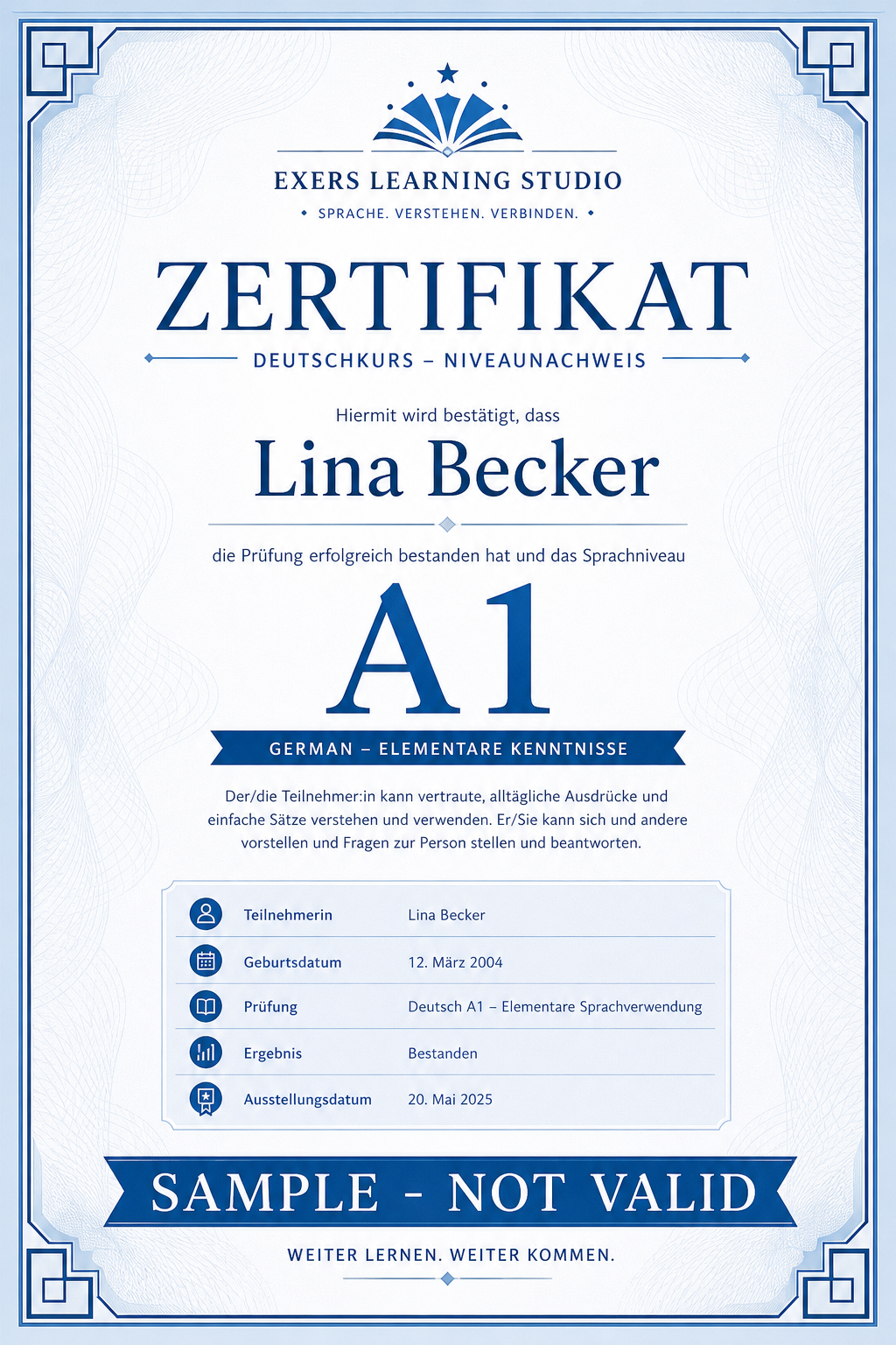 Decorative A1 course certificate sample
