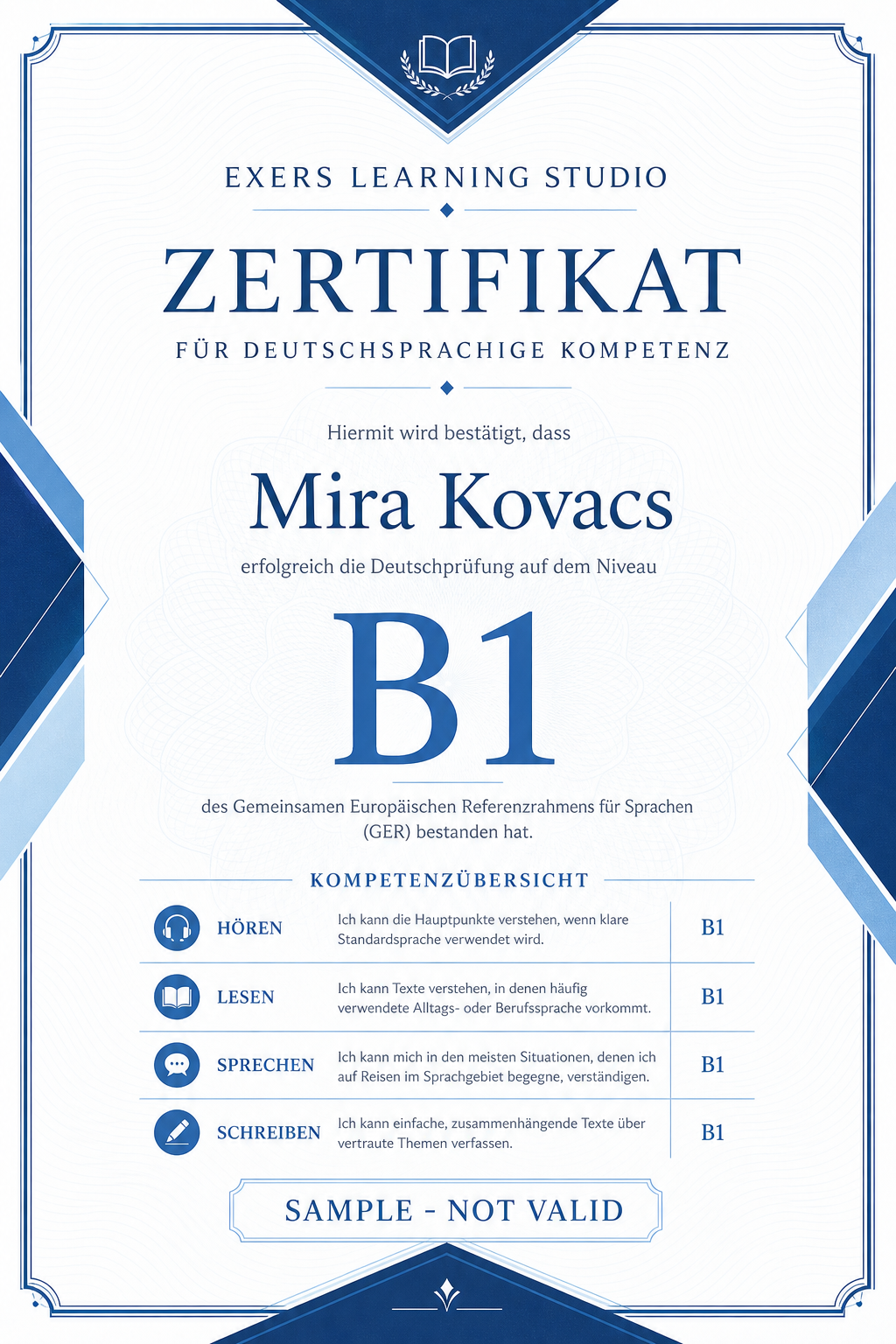 Decorative B1 course certificate sample