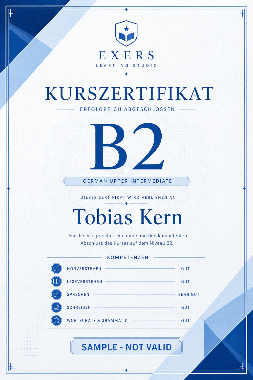 Decorative B2 course certificate sample