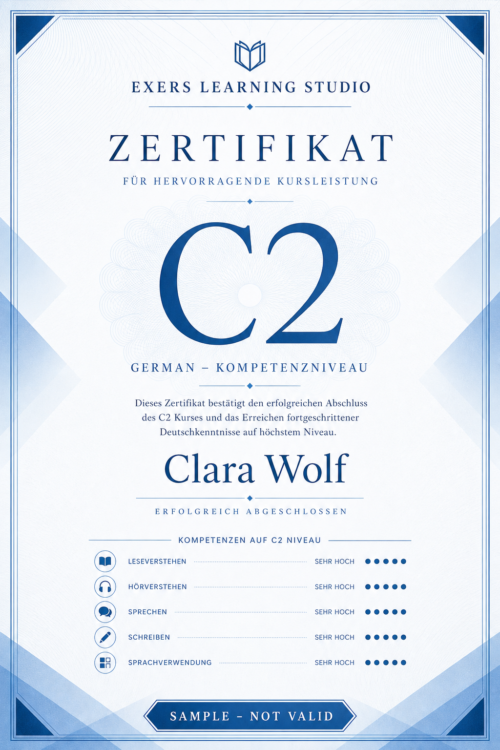 Decorative C2 course certificate sample